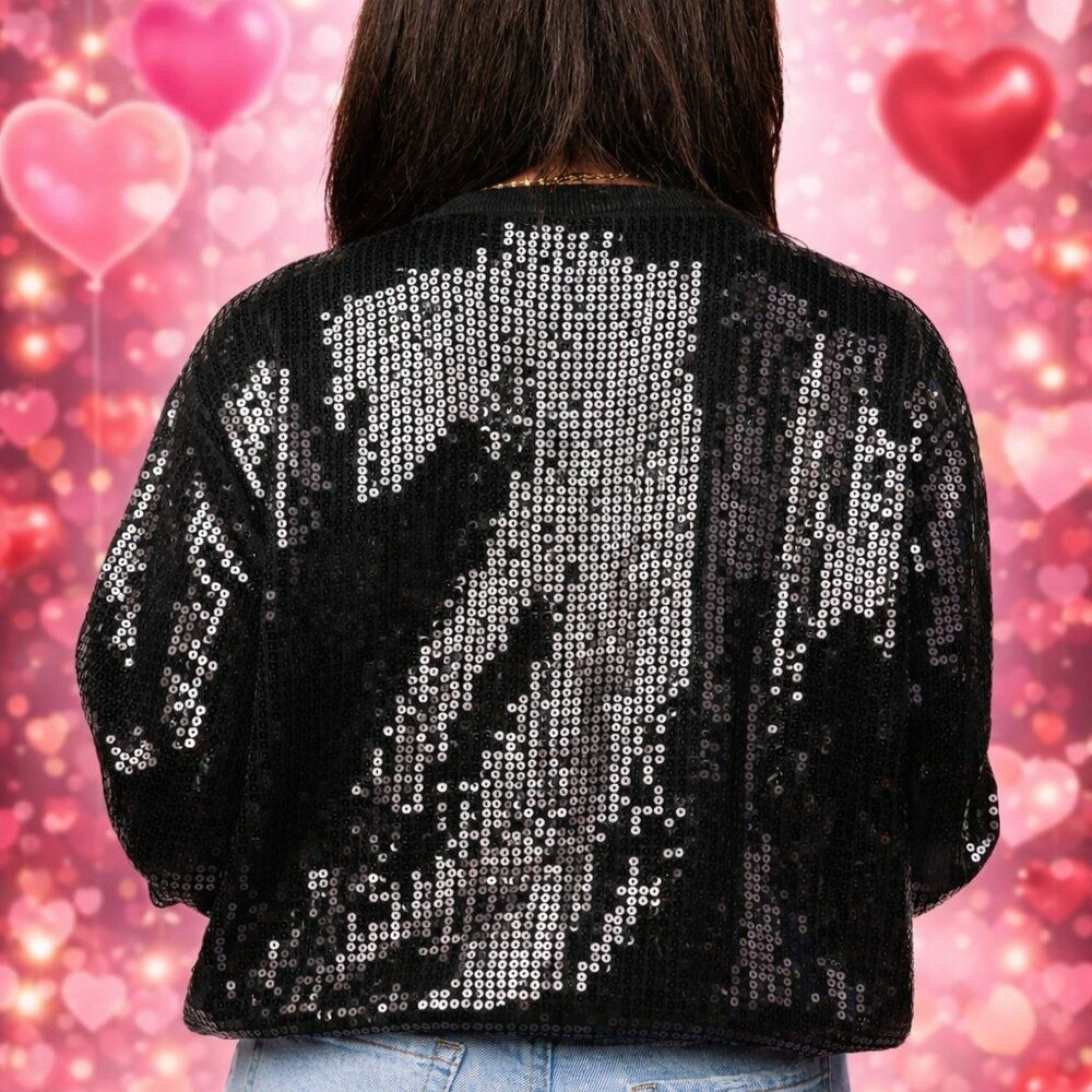 NWT Queen of Sparkles Black Full Sequin “Be My Valentine” Jeweled Heart Sweater - Picture 2 of 4